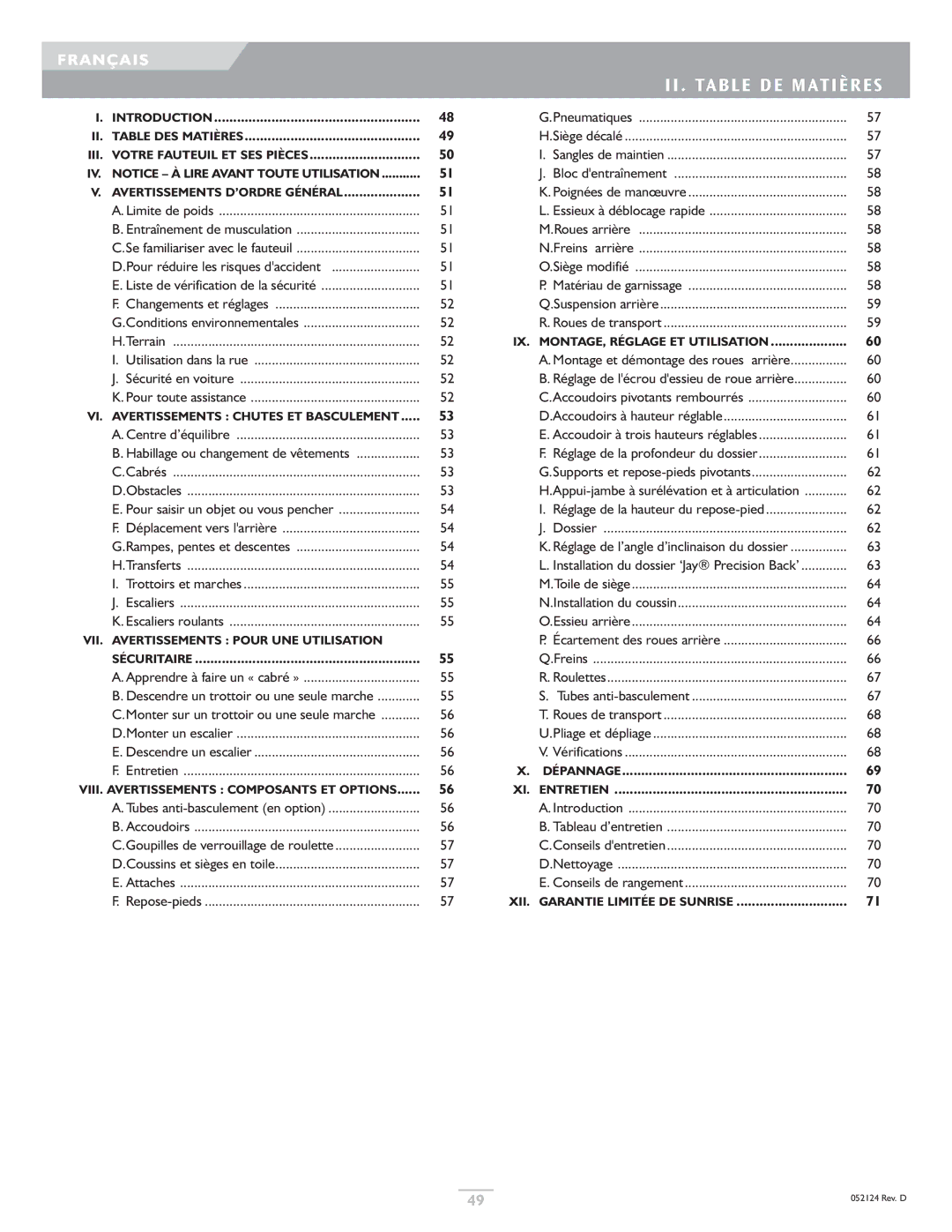 Sunrise Medical GTX owner manual II . Table DE Matières, Réglage de lécrou dessieu de roue arrière 