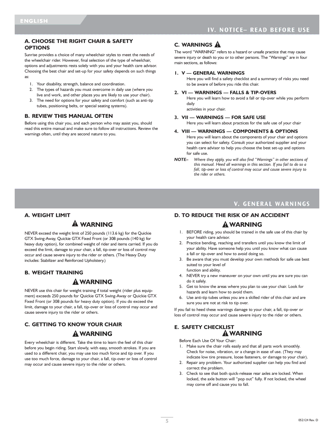 Sunrise Medical GTX owner manual IV. Notice Read Before USE, General Warnings 