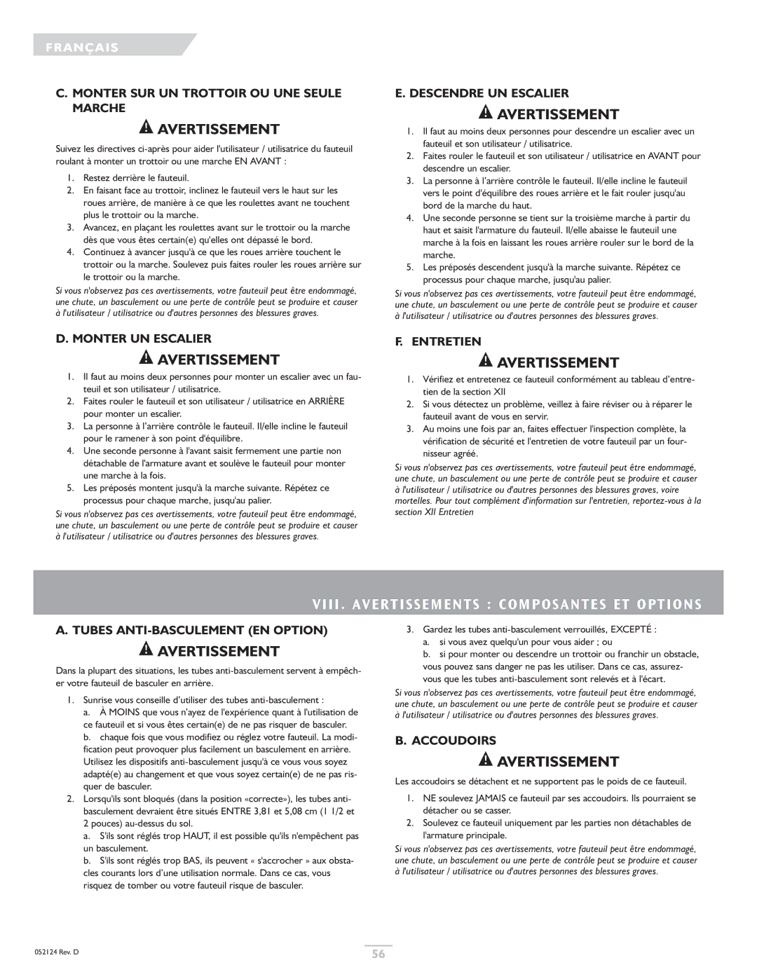 Sunrise Medical GTX owner manual Viii . Avertissements Composantes ET Options 