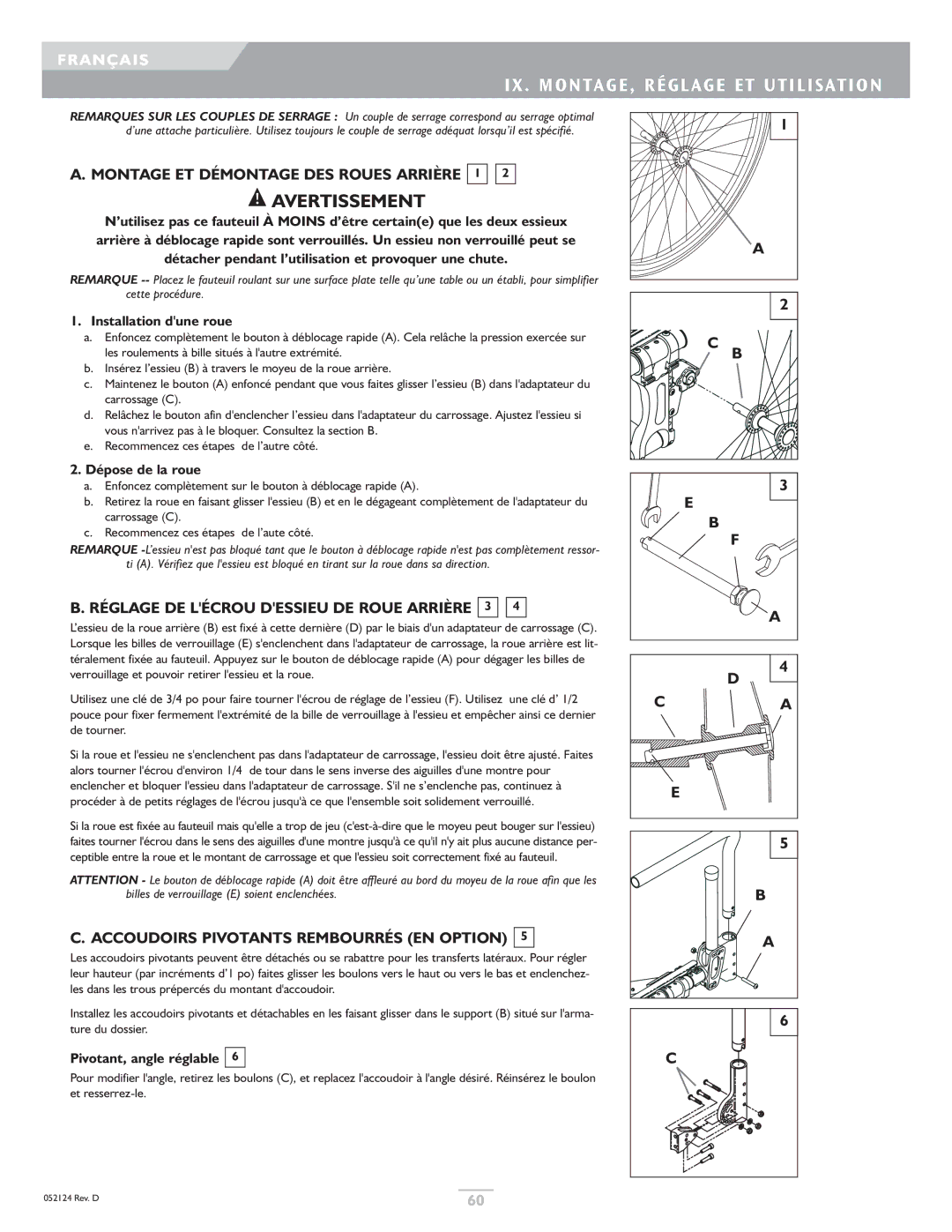 Sunrise Medical GTX owner manual IX . MONTAGE, Régl AGE ET Utilisation, Montage ET Démontage DES Roues Arrière 1 