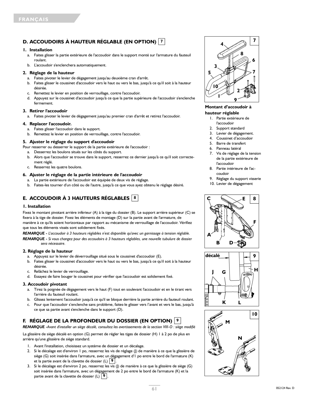 Sunrise Medical GTX owner manual Accoudoirs À Hauteur Réglable EN Option, Accoudoir À 3 Hauteurs Réglables 