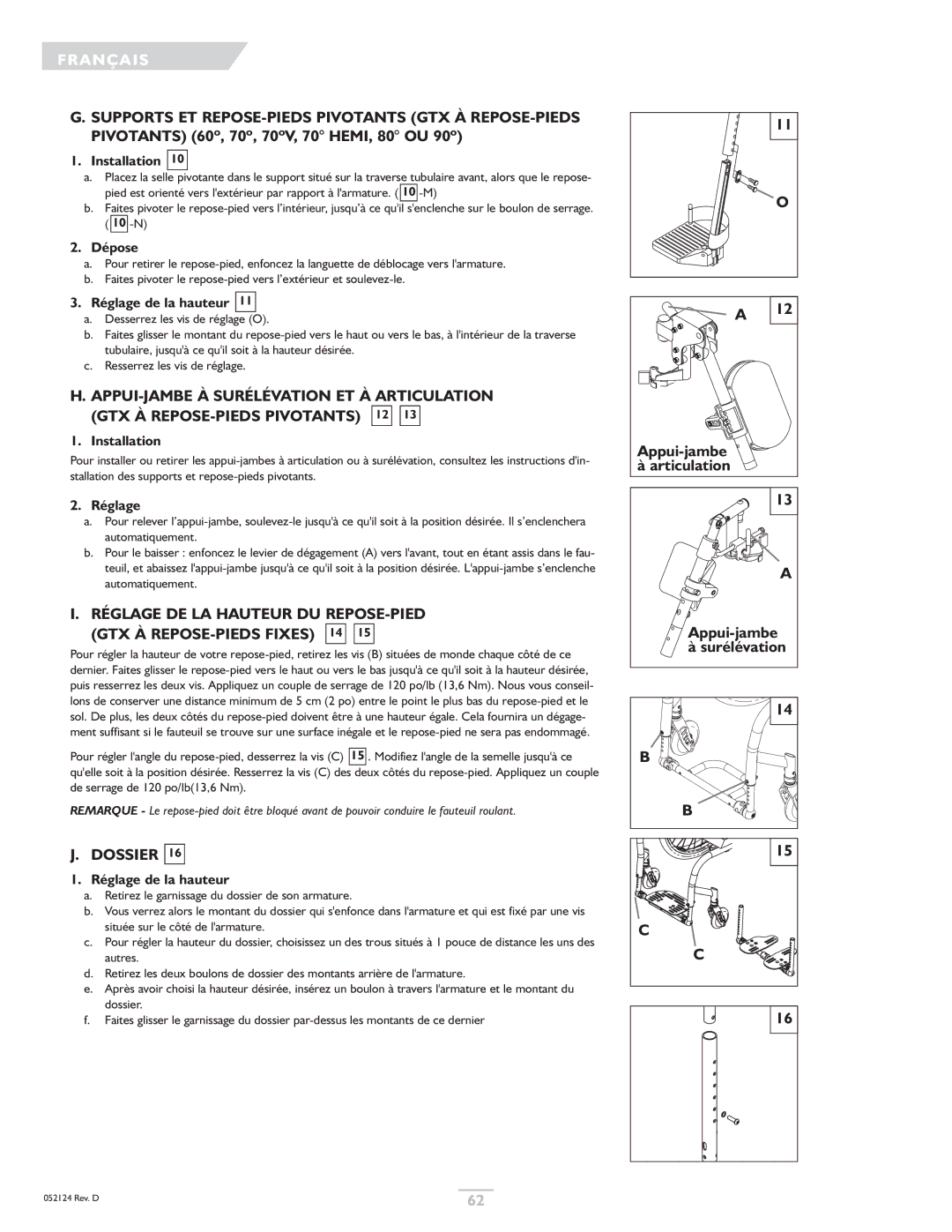 Sunrise Medical GTX owner manual Dossier, Dépose, Réglage, Surélévation 