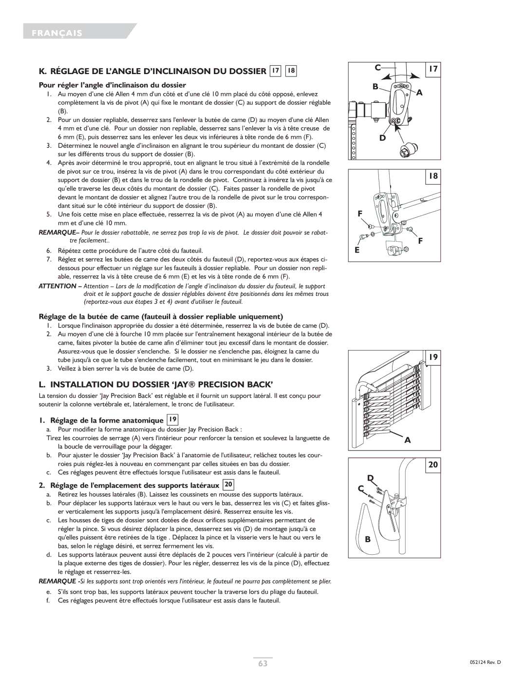 Sunrise Medical GTX Réglage DE L’ANGLE D’INCLINAISON DU Dossier 17, Installation DU Dossier ‘JAY Precision BACK’ 