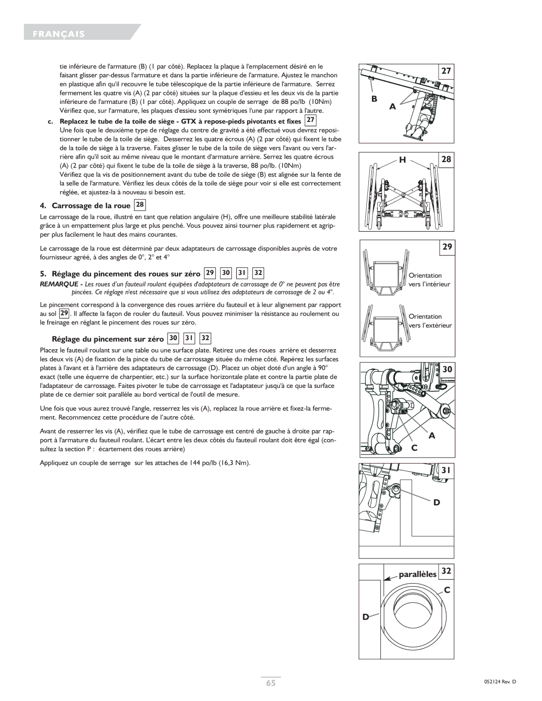 Sunrise Medical GTX owner manual Carrossage de la roue, Réglage du pincement des roues sur zéro 29 30 31, Parallèles 