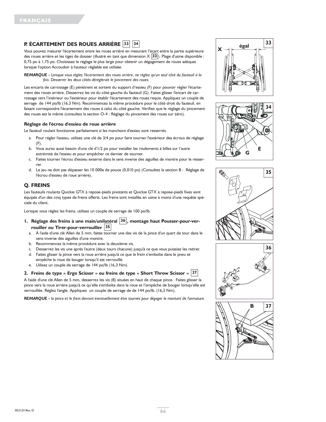 Sunrise Medical GTX owner manual Écartement DES Roues Arrière 33, Freins, Réglage de lécrou dessieu de roue arrière 