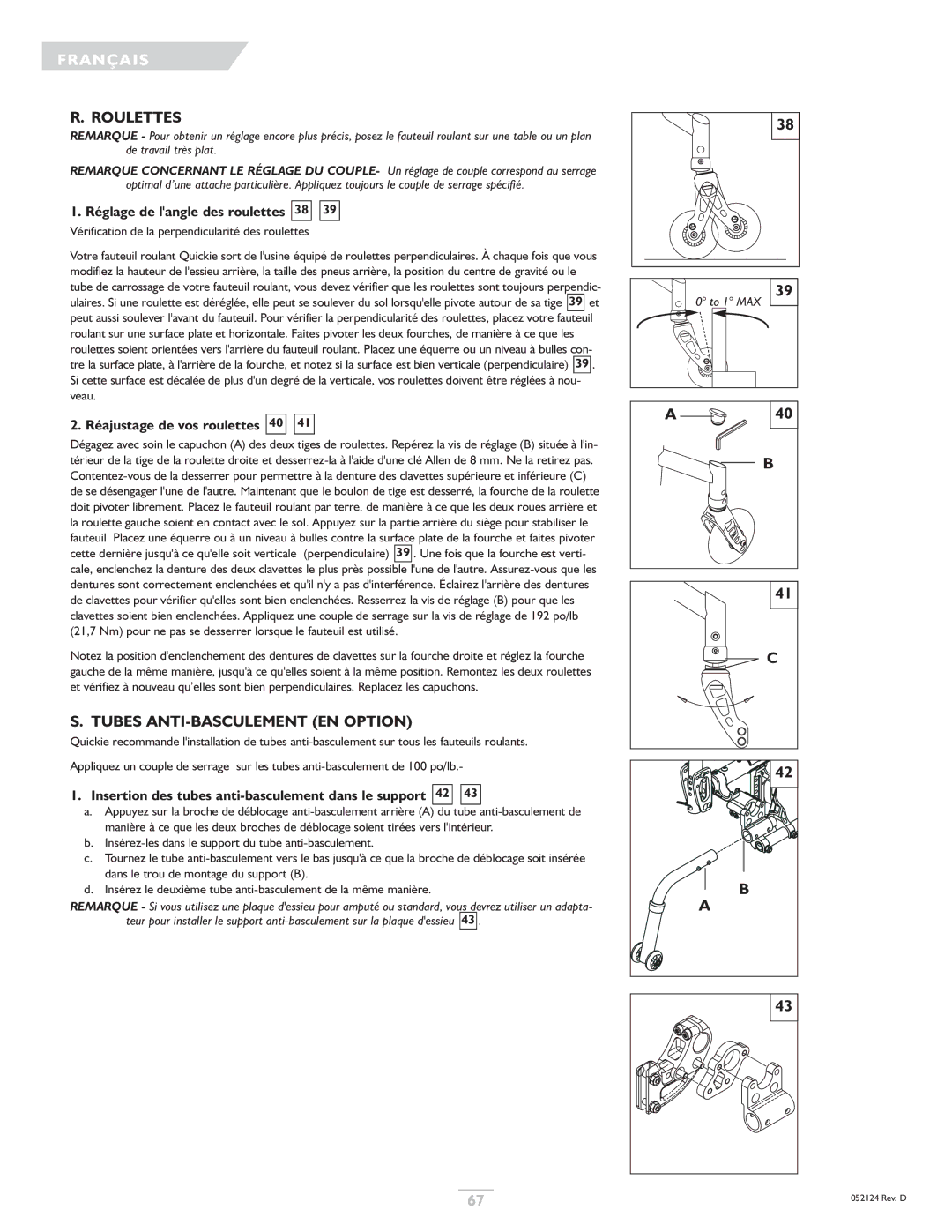 Sunrise Medical GTX owner manual Roulettes, Réglage de langle des roulettes 38, Réajustage de vos roulettes 40 