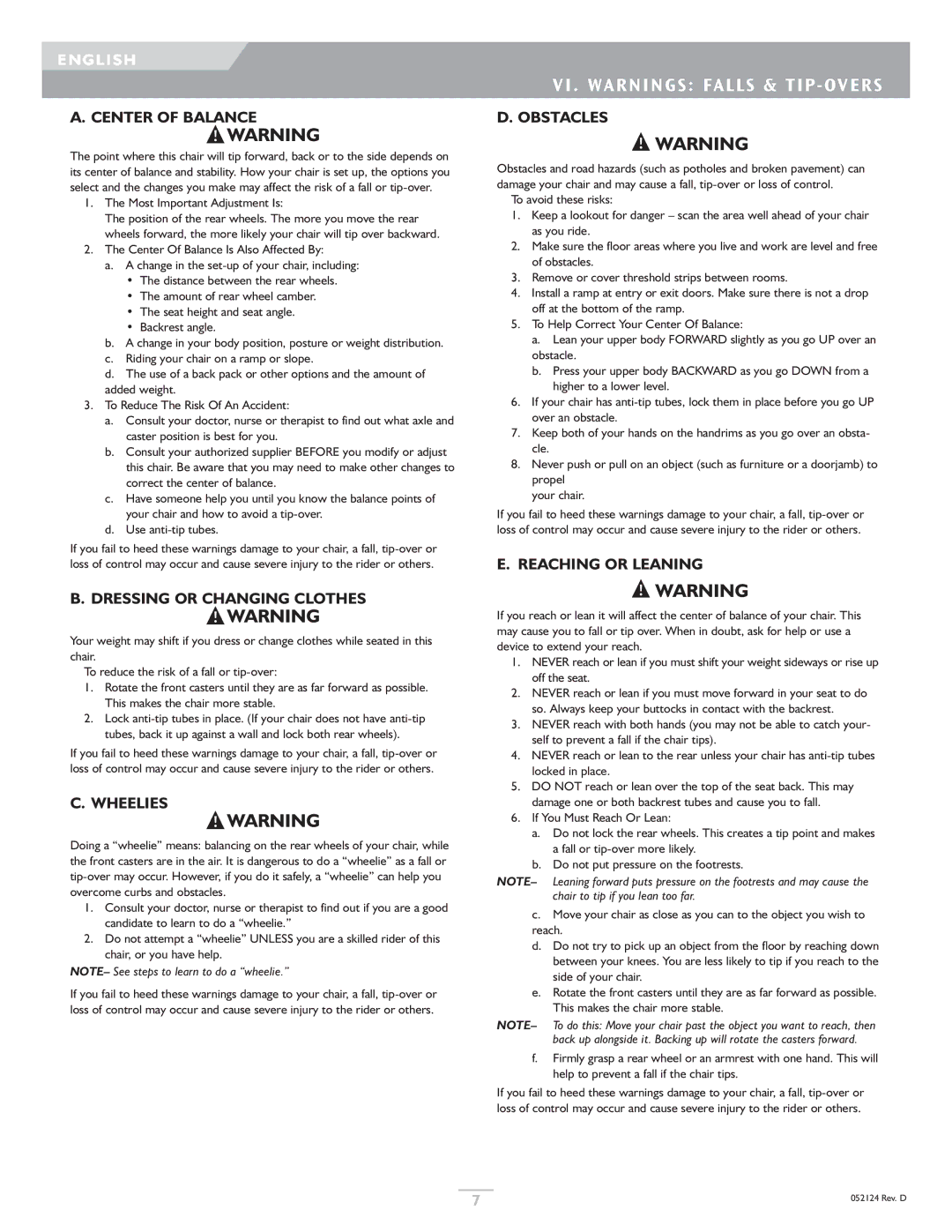 Sunrise Medical GTX owner manual VI . Warnings Falls & TIP Overs 