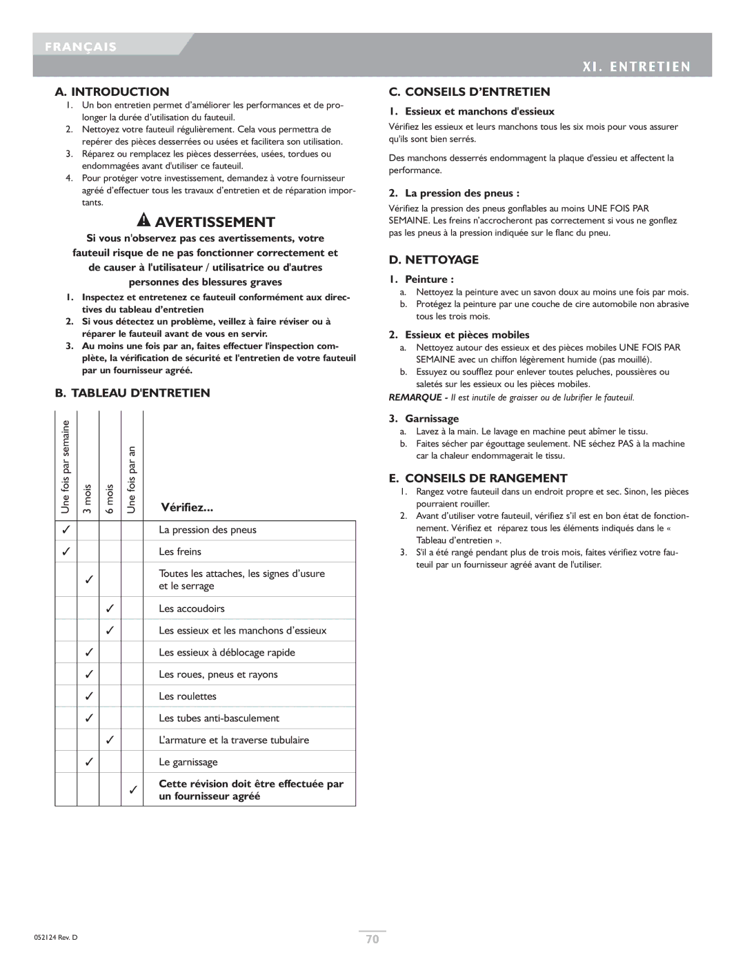 Sunrise Medical GTX owner manual XI . Entretien, Tableau Dentretien, Conseils D’ENTRETIEN, Nettoyage, Conseils DE Rangement 