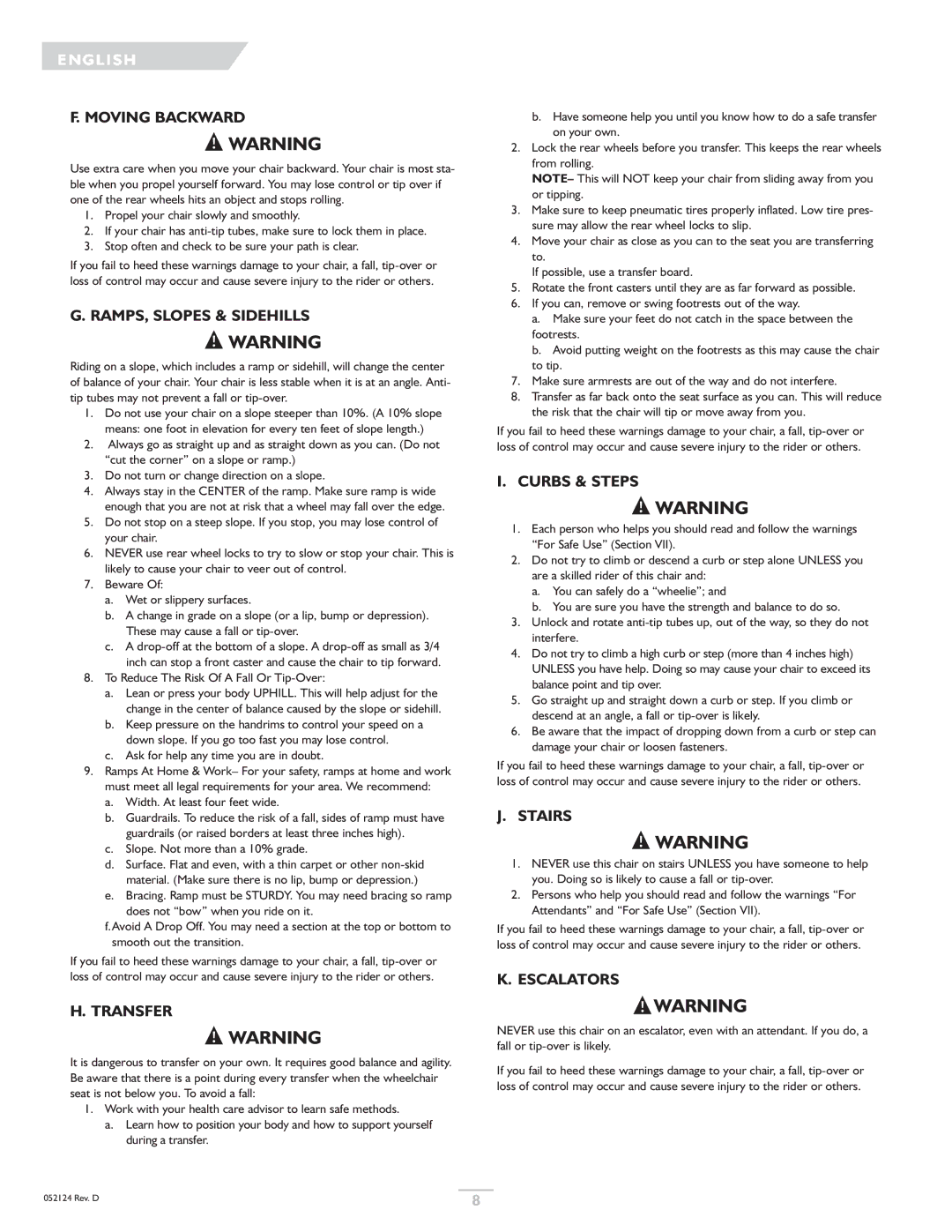 Sunrise Medical GTX owner manual Moving Backward, RAMPS, Slopes & Sidehills, Transfer, Curbs & Steps, Stairs, Escalators 