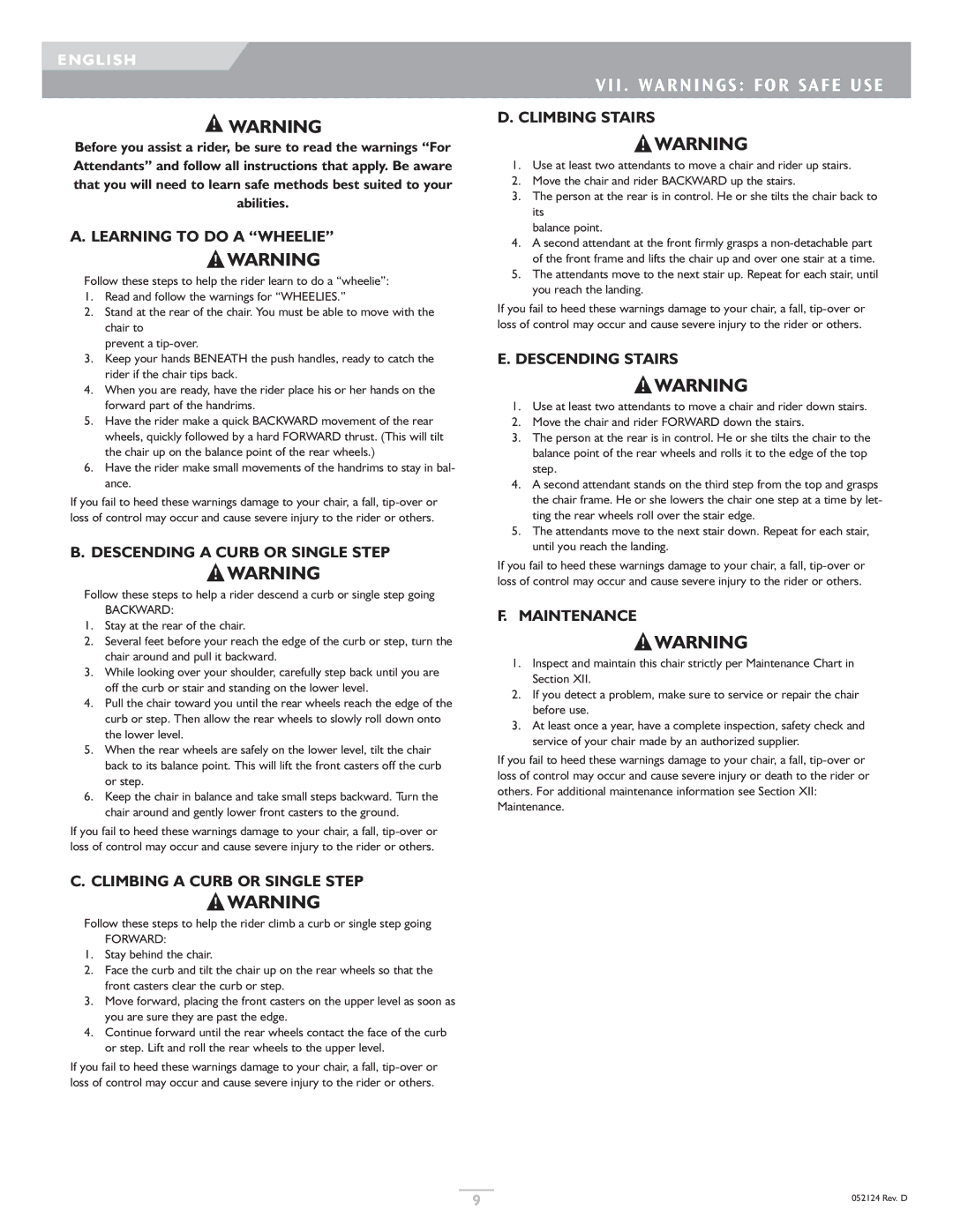 Sunrise Medical GTX owner manual VII . Warnings for Safe USE 