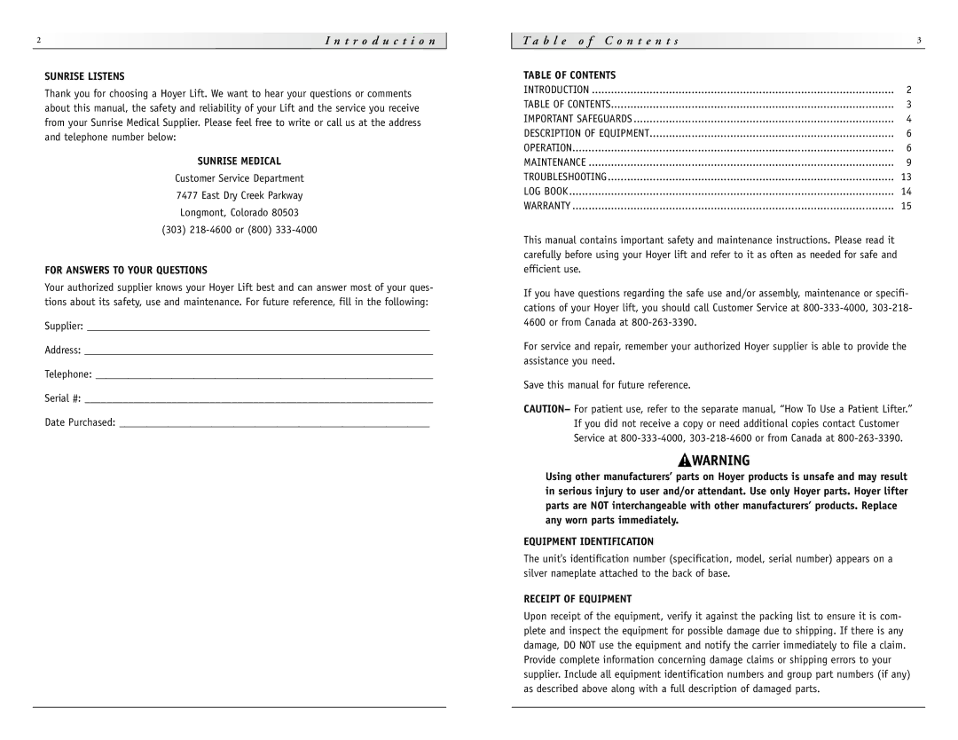 Sunrise Medical HPL600 instruction manual N t r o d u c t i o n, B l e o f C o n t e n t s 