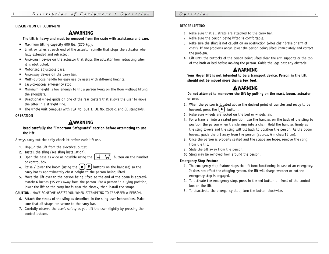 Sunrise Medical HPL600 instruction manual E r a t i o n, Operation, Emergency Stop Feature 