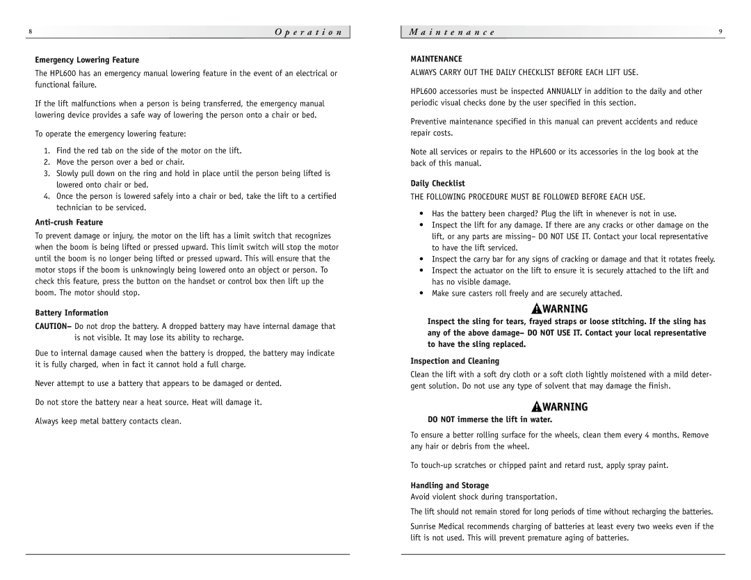 Sunrise Medical HPL600 instruction manual P e r a t i o n, I n t e n a n c e, Maintenance 