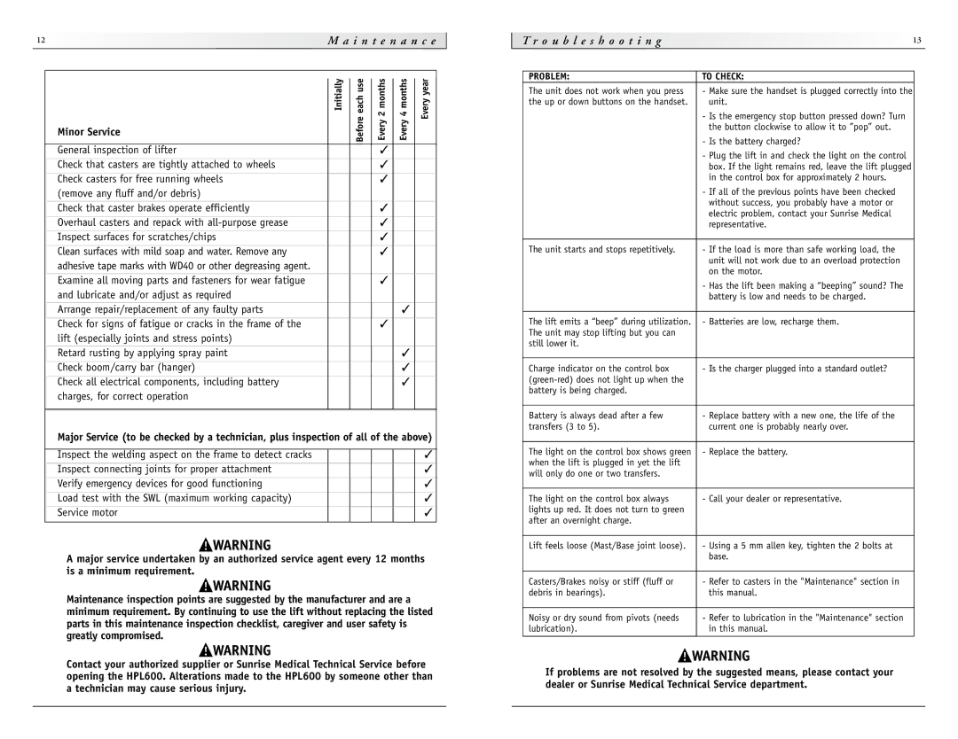 Sunrise Medical HPL600 instruction manual A i n t e n a n c e, Minor Service 