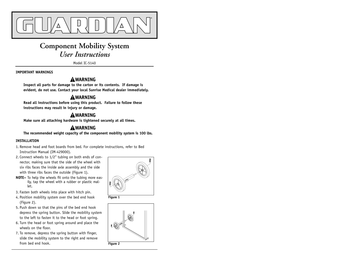 Sunrise Medical instruction manual User Instructions, Model IC-5140, Important Warnings, Installation 