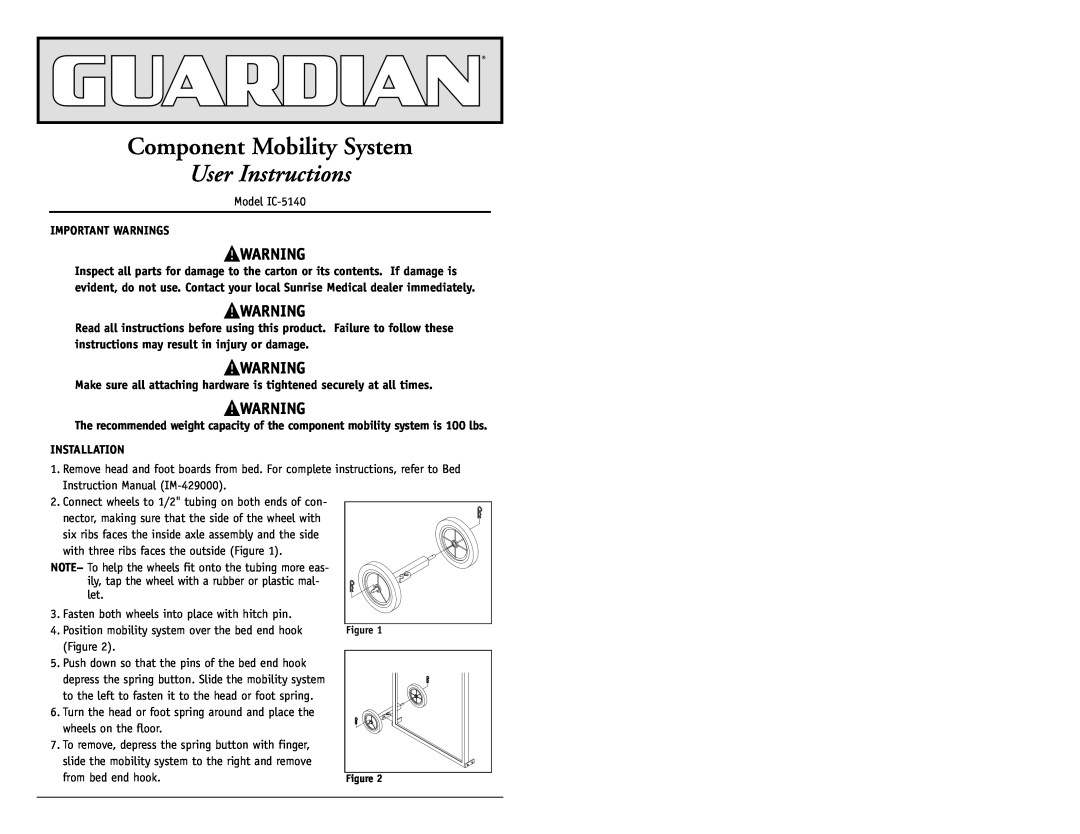 Sunrise Medical IC-5140 instruction manual Component Mobility System, User Instructions 