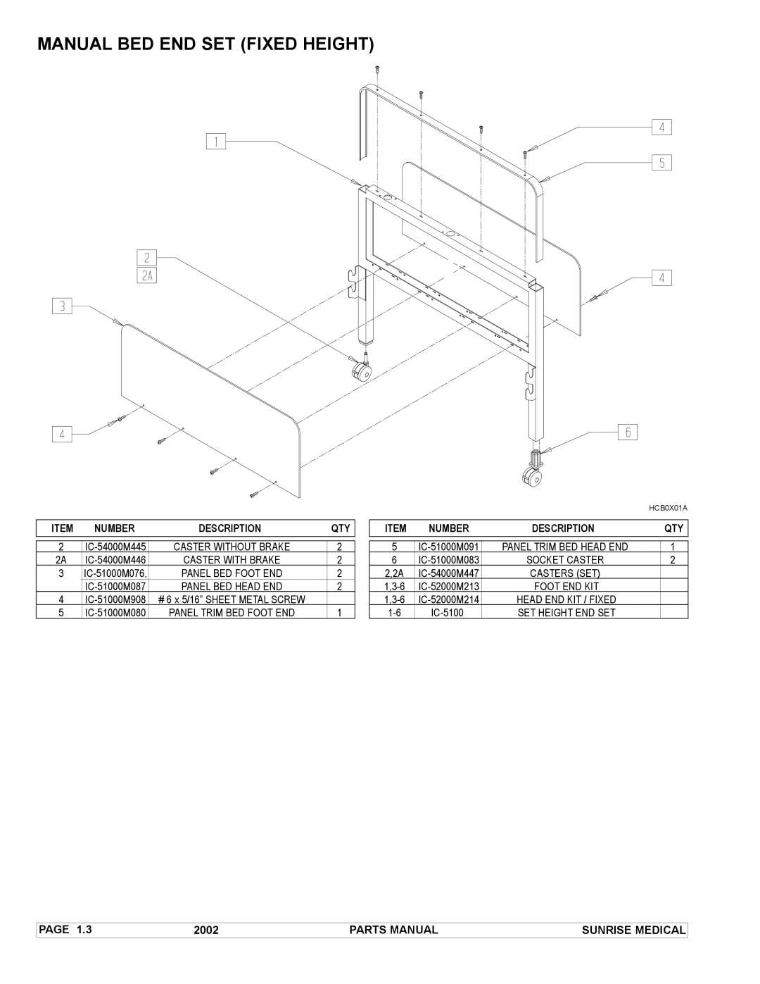 Sunrise Medical IC-5110, IC-5410, IC-5210, IC-5310, IC-5207, IC-5107, IC-5307 manual Manual BED END SET Fixed Height 