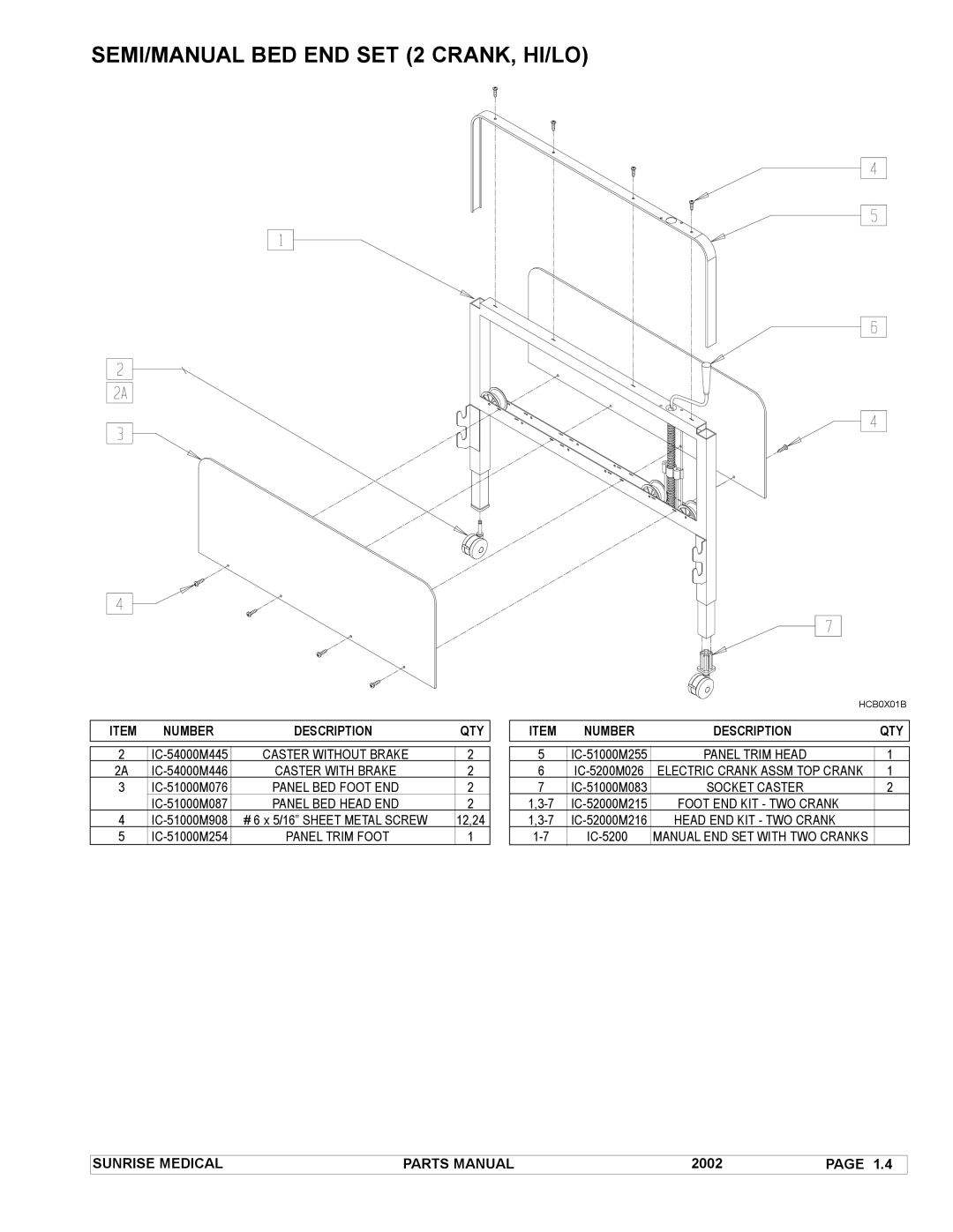 Sunrise Medical IC-5307, IC-5410, IC-5210, IC-5310, IC-5207, IC-5107, IC-5110 manual SEMI/MANUAL BED END SET 2 CRANK, HI/LO 