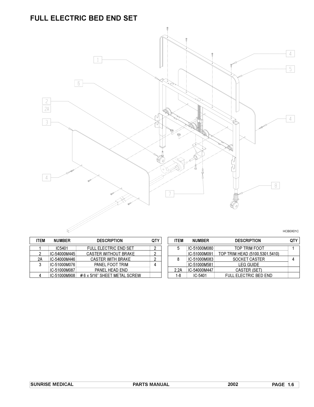 Sunrise Medical IC-5210, IC-5410, IC-5310, IC-5207, IC-5107, IC-5110, IC-5307 manual Full Electric BED END SET 