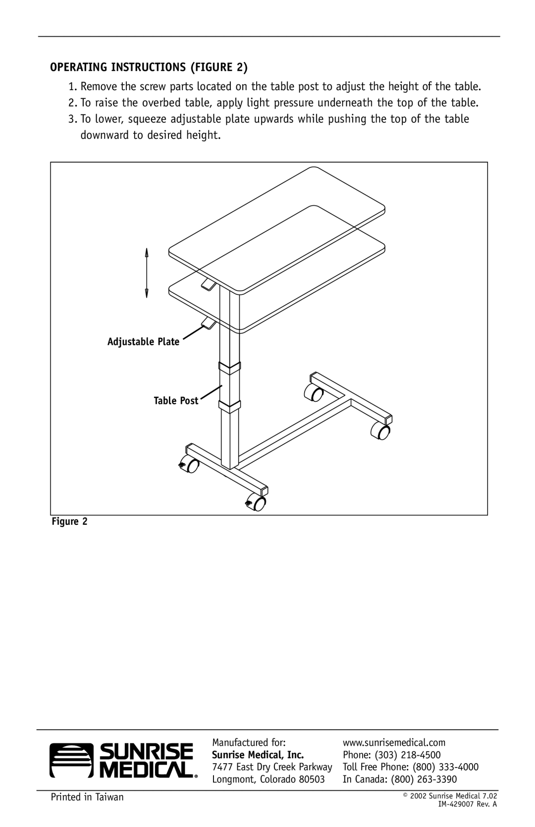 Sunrise Medical IC-6417 manual Operating Instructions Figure, Adjustable Plate Table Post, Sunrise Medical, Inc 