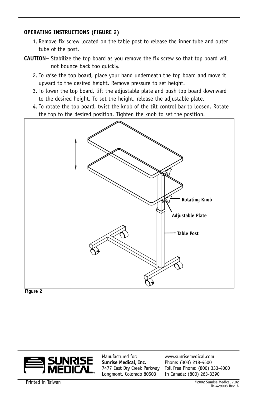 Sunrise Medical IC-6418 Operating Instructions Figure, Rotating Knob Adjustable Plate Table Post, Sunrise Medical, Inc 