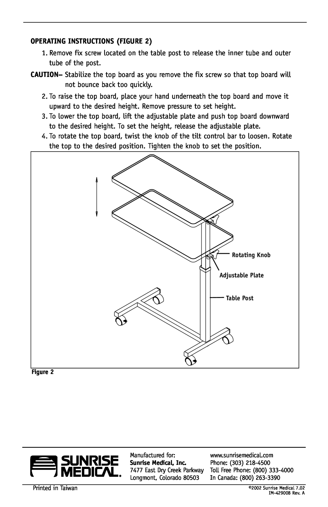 Sunrise Medical IC-6418 manual Operating Instructions Figure, Rotating Knob Adjustable Plate Table Post Figure 