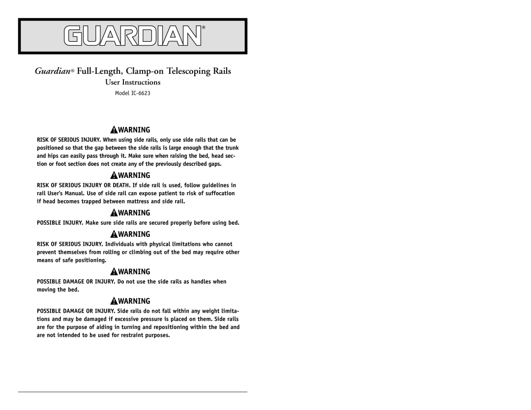 Sunrise Medical user manual Guardian Full-Length, Clamp-on Telescoping Rails, User Instructions, Model IC-6623 