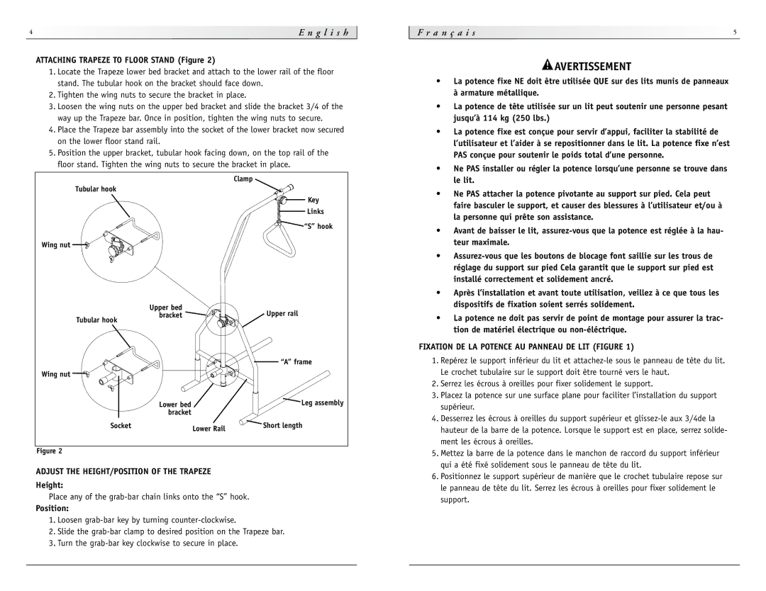 Sunrise Medical IC-7714, IC-7740 instruction manual Avertissement, A n ç a i s, Adjust the HEIGHT/POSITION of the Trapeze 