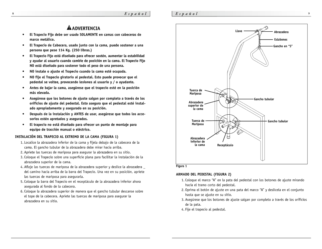 Sunrise Medical IC-7714 Advertencia, S p a ñ o l, P a ñ o l, Instalación DEL Trapecio AL Extremo DE LA Cama Figura 
