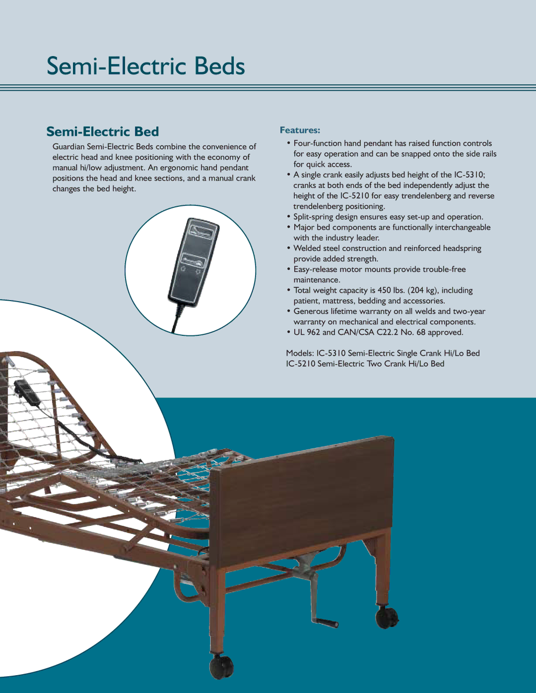 Sunrise Medical IC Series manual Semi-Electric Beds, Features 