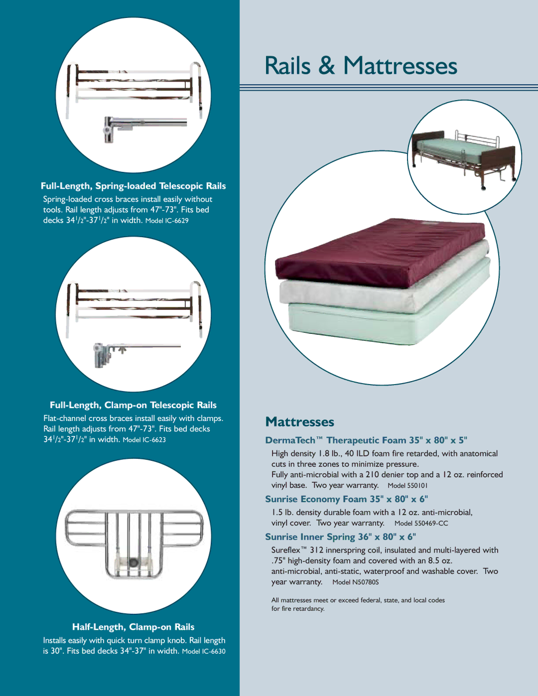 Sunrise Medical IC Series manual Rails & Mattresses, DermaTech Therapeutic Foam 35 x 80 x, Sunrise Economy Foam 35 x 80 x 