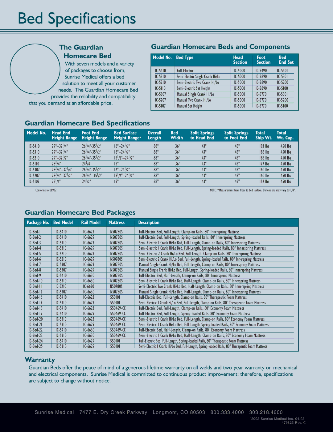 Sunrise Medical IC Series manual Bed Specifications 