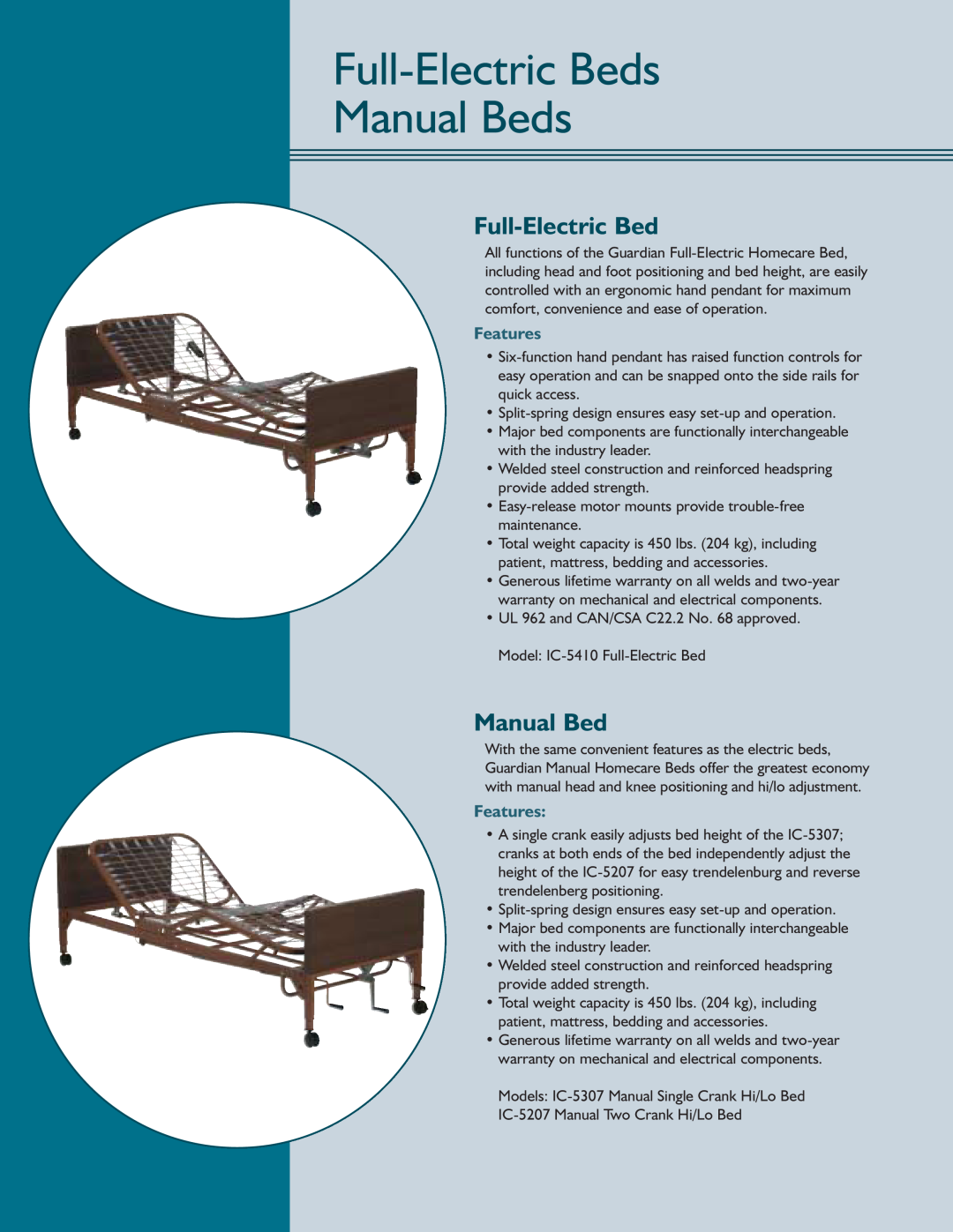 Sunrise Medical IC Series manual Full-ElectricBeds Manual Beds, Features 