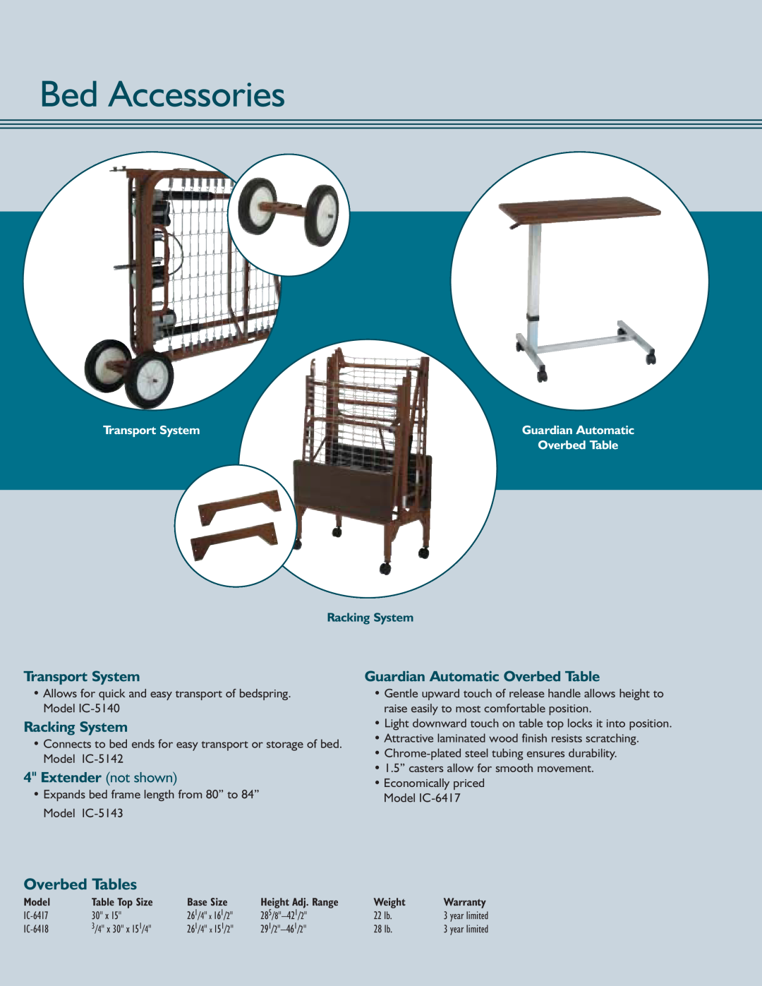 Sunrise Medical IC Series manual Bed Accessories, Overbed Tables, Transport System, Racking System, Extender not shown 