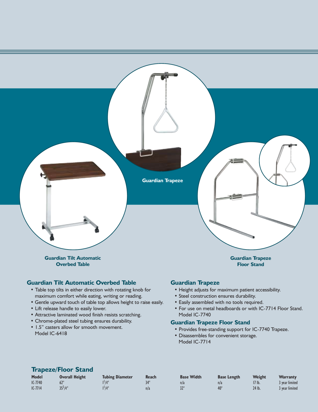 Sunrise Medical IC Series manual Trapeze/Floor Stand, Guardian Tilt Automatic Overbed Table, Guardian Trapeze 