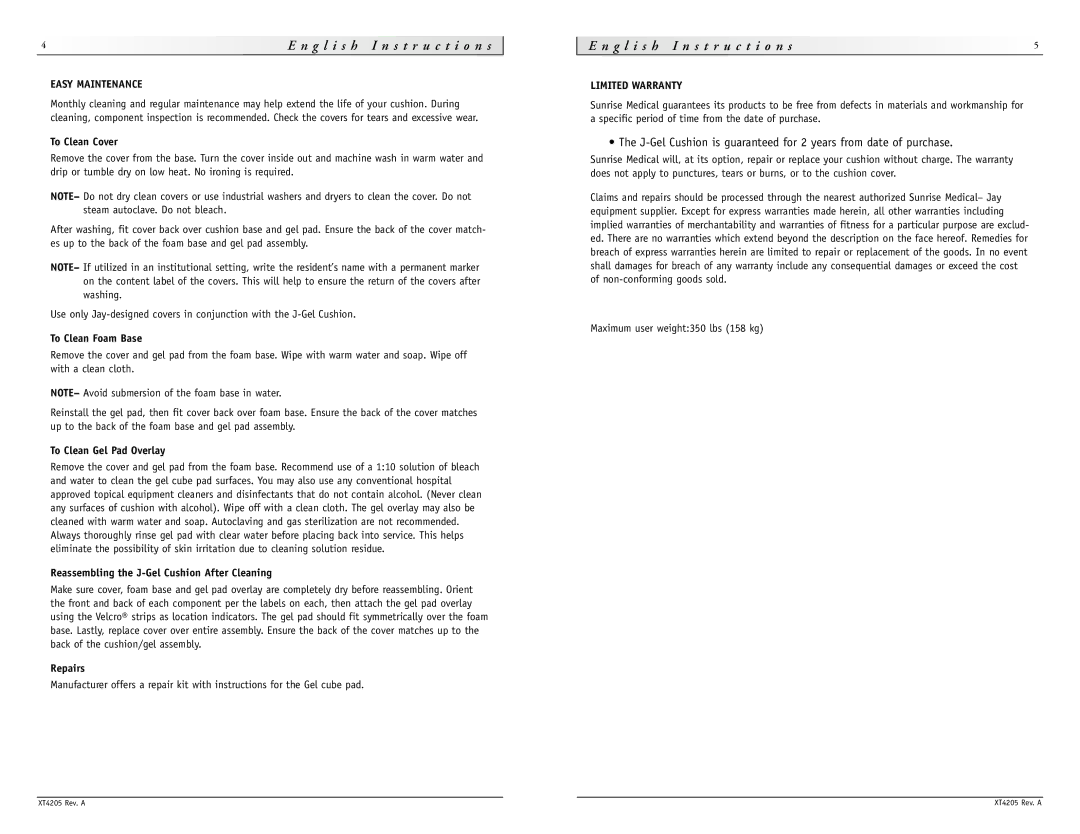 Sunrise Medical J-Gel manual Easy Maintenance, Limited Warranty 