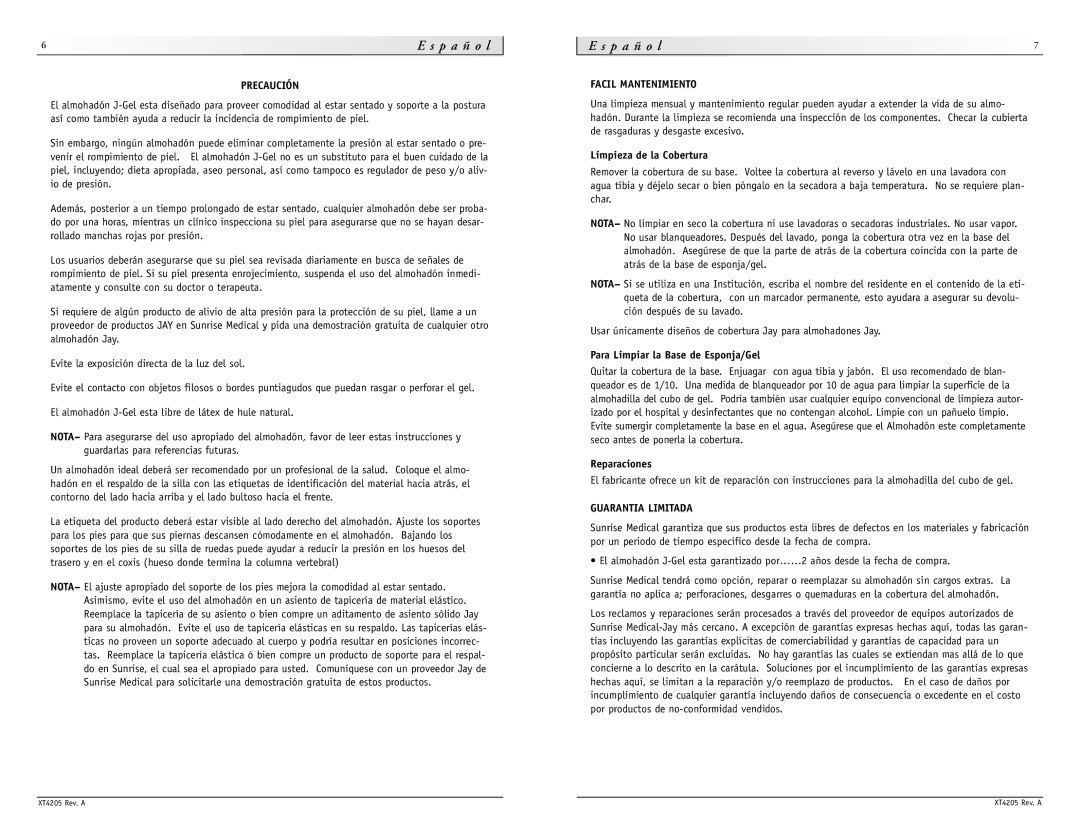 Sunrise Medical J-Gel manual S p a ñ o l, P a ñ o l, Precaución, Facil Mantenimiento, Guarantia Limitada 