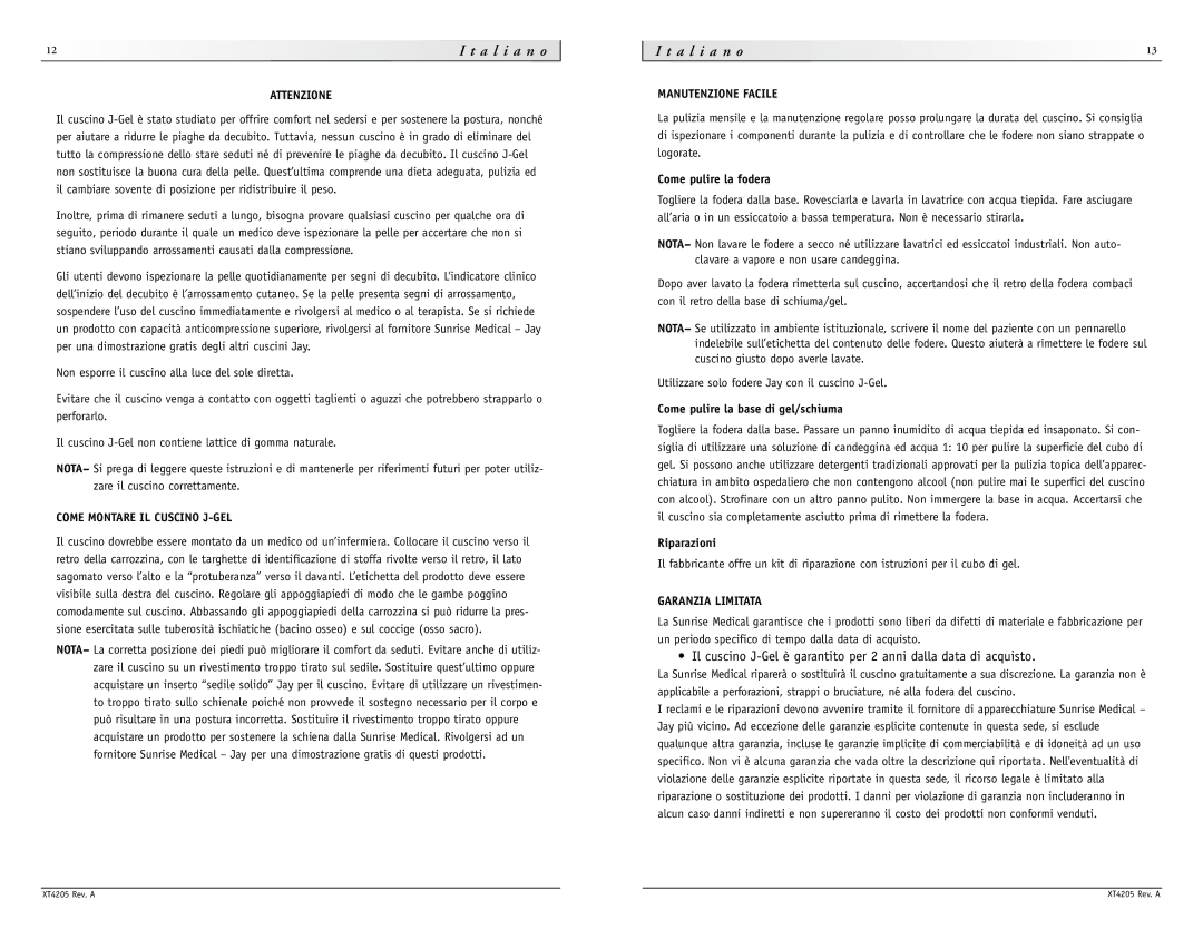 Sunrise Medical J-Gel manual T a l i a n o, A l i a n o 