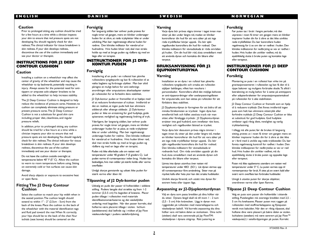 Sunrise Medical instruction manual Instructions for J2 Deep Contour Cushion, Instruktioner for J2 DYB- Kontur Puden 