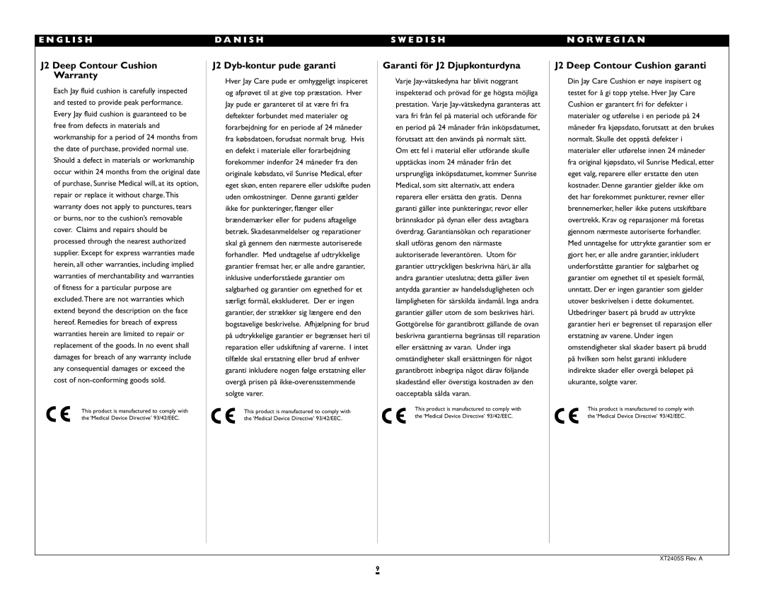Sunrise Medical J2 Deep Contour Cushion Warranty, J2 Dyb-kontur pude garanti, Garanti för J2 Djupkonturdyna 