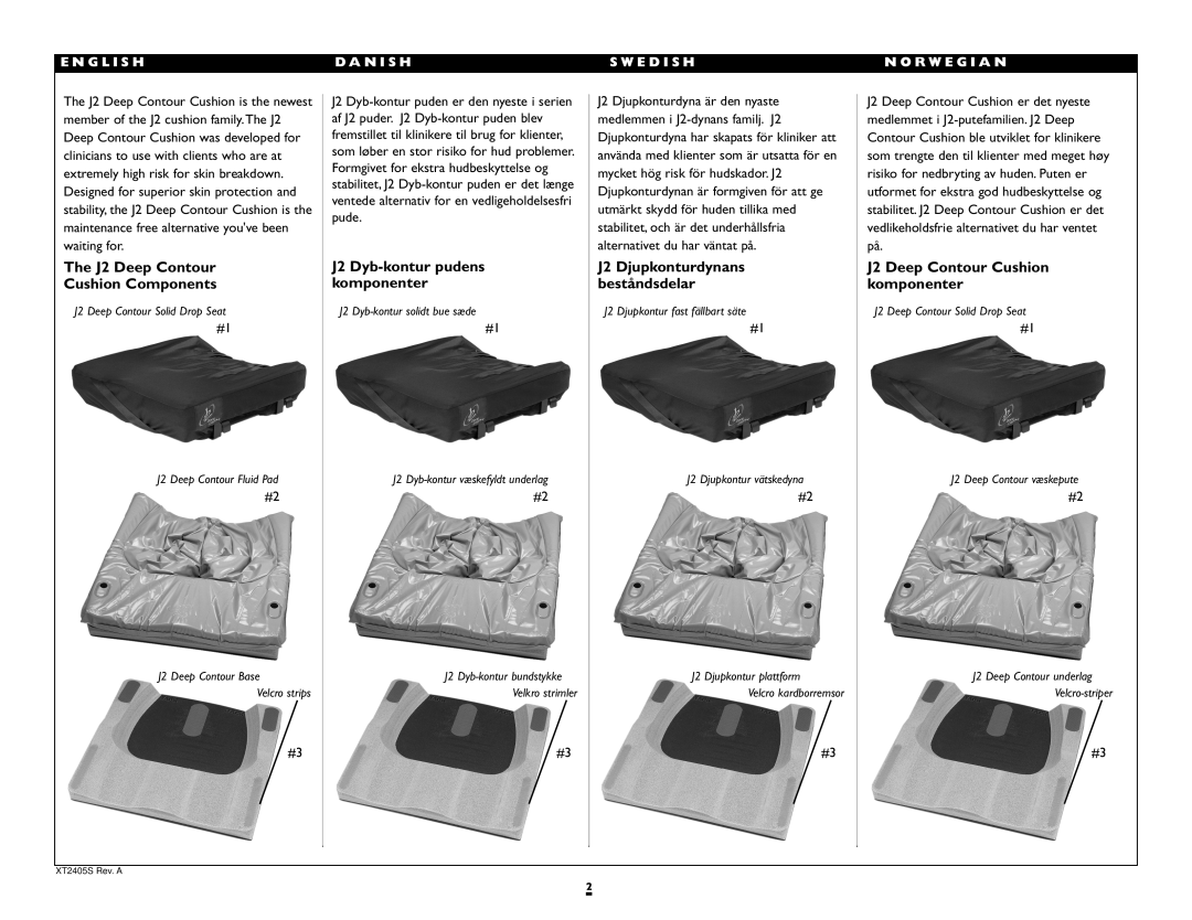 Sunrise Medical instruction manual The J2 Deep Contour Cushion Components, J2 Dyb-konturpudens komponenter 
