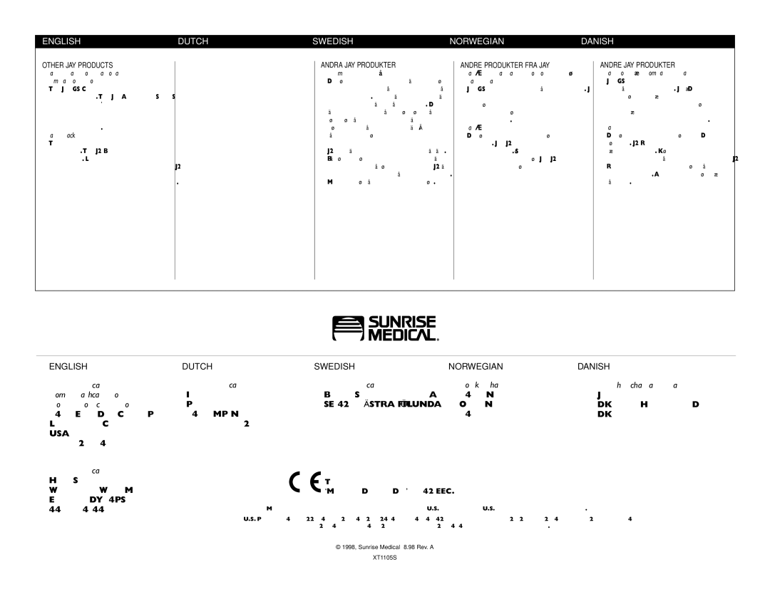 Sunrise Medical Jay GS instruction manual Englishdutch Swedish Norwegian Danish, Other JAY Products, Andra JAY Produkter 