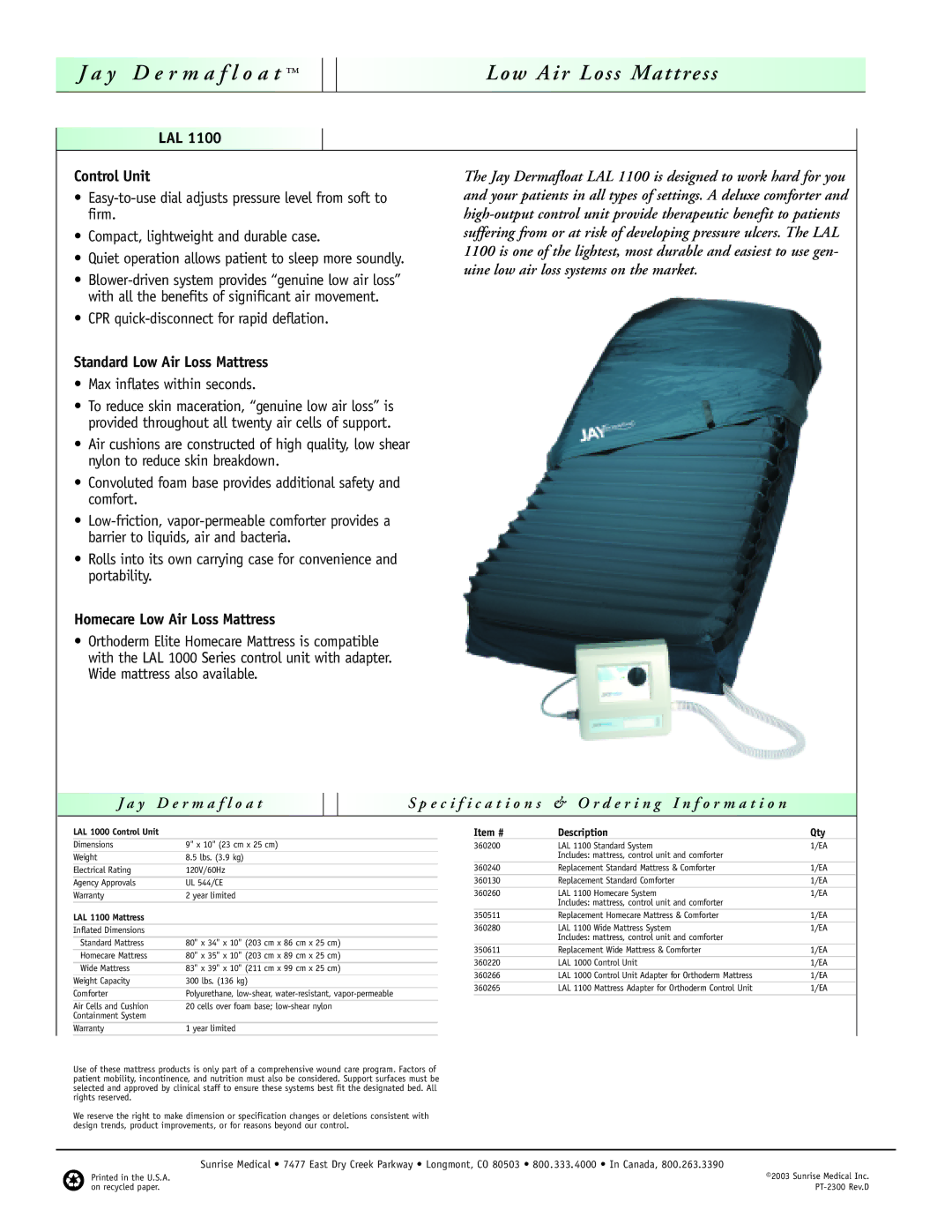 Sunrise Medical LAL 1100 manual R m a f l o a t Low Air Loss Mattress, LAL Control Unit, Standard Low Air Loss Mattress 