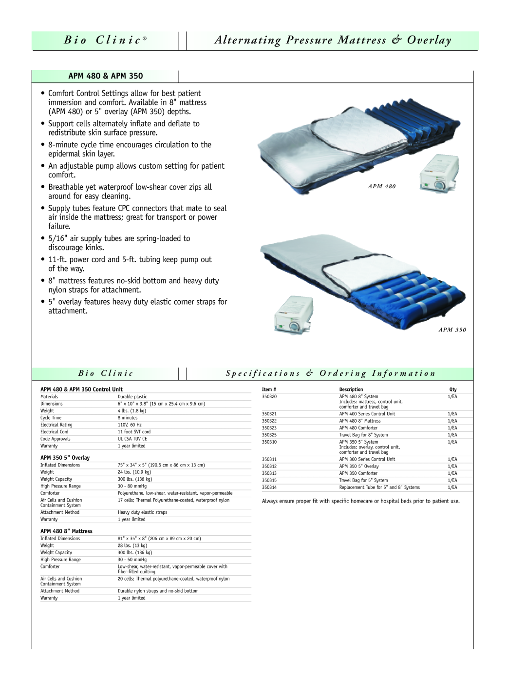 Sunrise Medical LAL 1100 manual B ioC l i ni c Alternating Pressure Mattress & Overlay, APM 480 & APM, B i o C l i n i c 