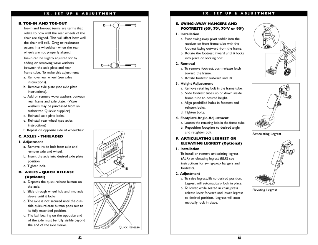 Sunrise Medical LXI instruction manual TOE-IN and TOE-OUT, Axles Threaded 