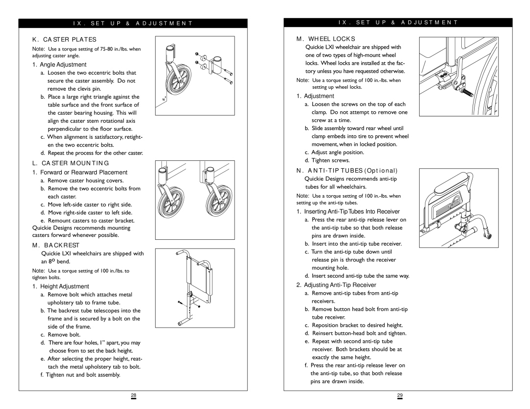 Sunrise Medical LXI instruction manual Caster Plates, Caster Mounting, Backrest, Wheel Locks 