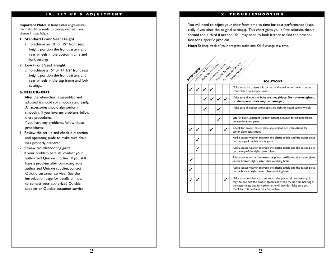 Sunrise Medical LXI instruction manual Standard Front Seat Height, Low Front Seat Height, Check-Out, Troubleshooting 