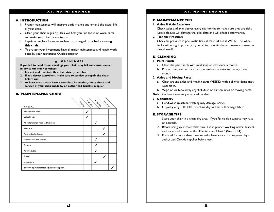 Sunrise Medical LXI instruction manual Introduction, Maintenance Chart, Maintenance Tips, Cleaning, Storage Tips 