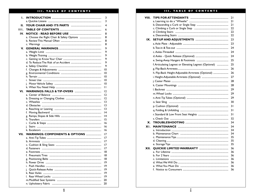 Sunrise Medical LXI instruction manual I11, VII. Warnings Components & Options 