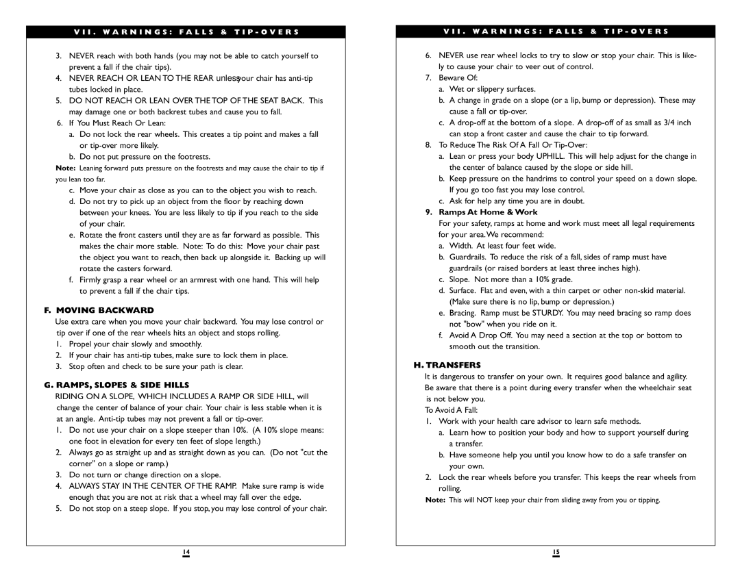 Sunrise Medical LXI instruction manual Moving Backward, RAMPS, Slopes & Side Hills, Ramps At Home & Work, Transfers 